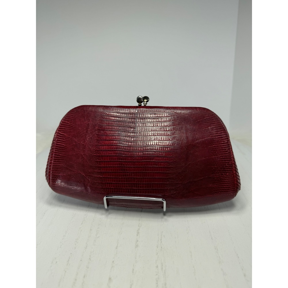 Vintage Women's Red Lizard Embossed Clutch Evening Bag Kiss Lock Closure